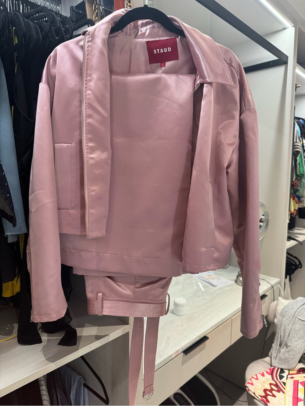 STAUD Blush Pink Satin Bomber Jacket with matching cargo pants and belt